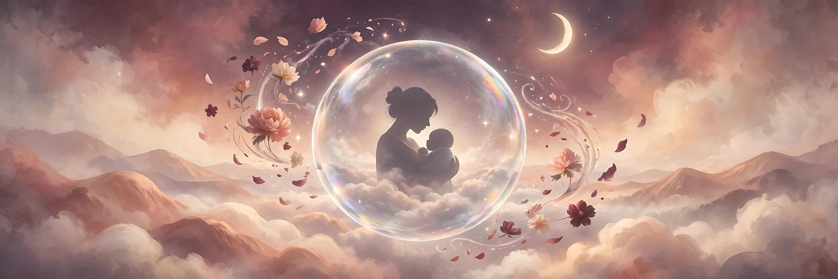 Madre abrazando a su bebé dentro de una burbuja de ensueño entre nubes, flores y estrellas